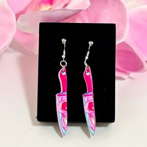 Bright Pink Skull Butcher Knife Dangle Earrings Goth Alt